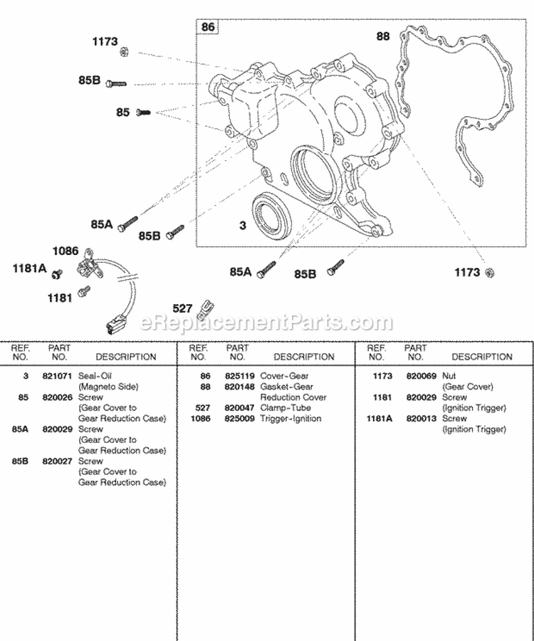 Gear Cover Ignition Trigger Diagram and Parts List for 587447-0205-E2  Briggs and Stratton Engine